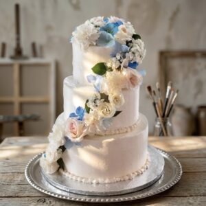 Wedding Cake With Blue & White Flowers