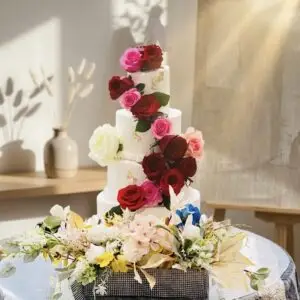 White Layer Wedding Cake With Pink & Red Rose