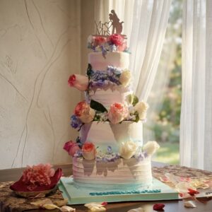 Blue Pink Ombre Wedding Cake With Flowers