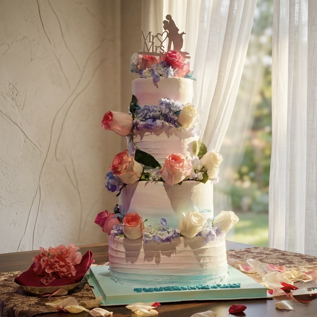 Blue Pink Ombre Wedding Cake With Flowers
