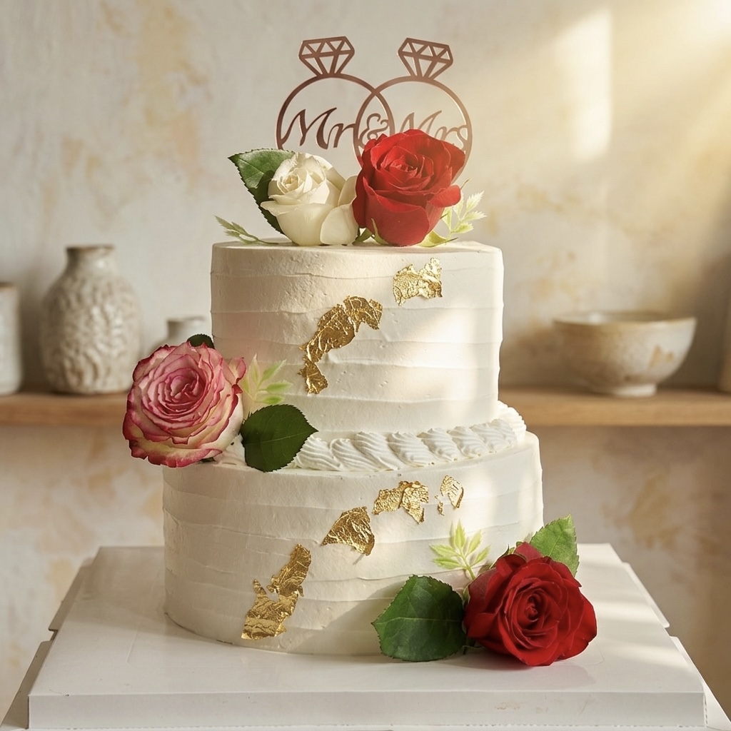Wedding Cake With White & Red Roses