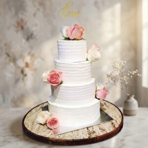 Classic White Wedding Cake With Pink & White Rose