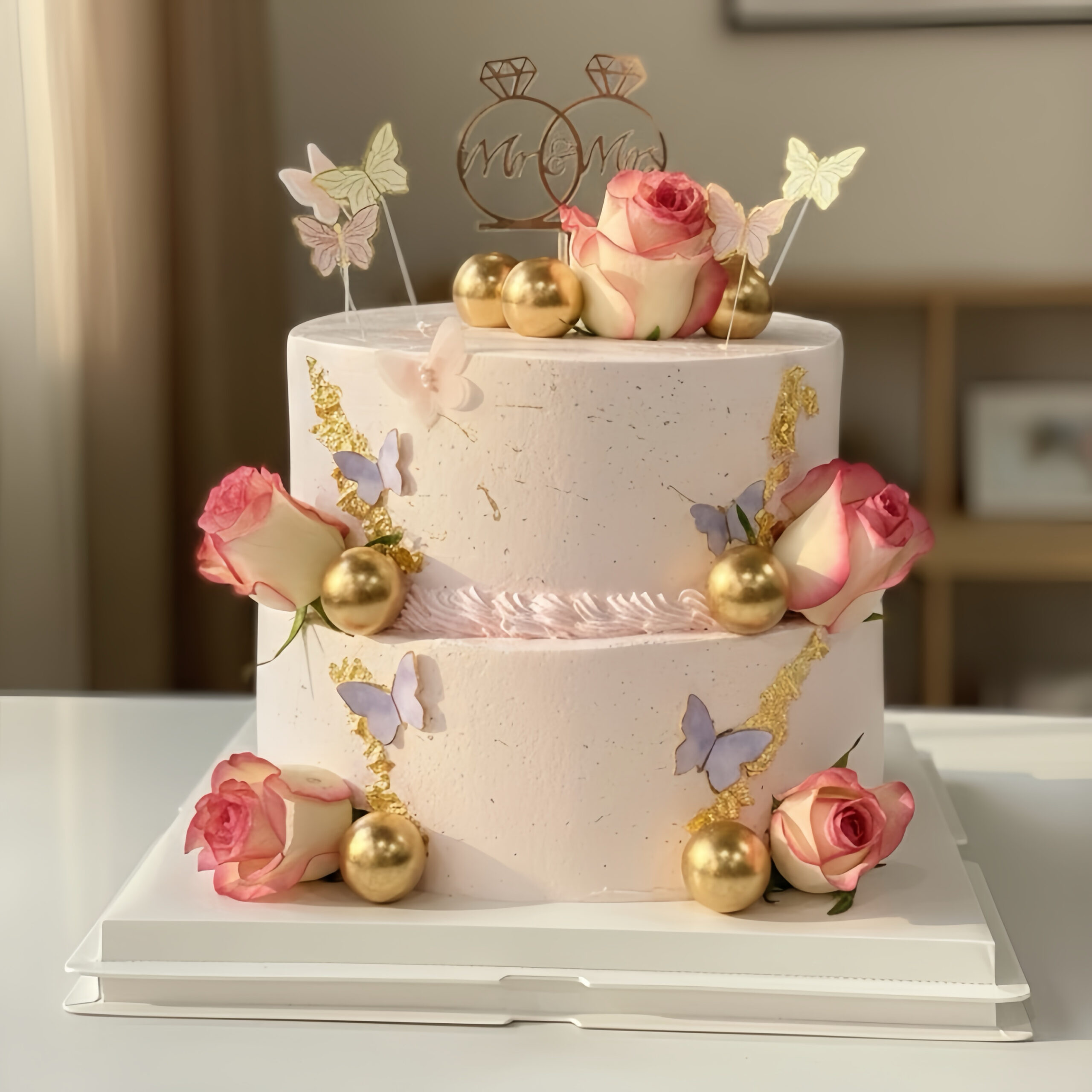 Pink Wedding Cake With Butterflies & Flowers