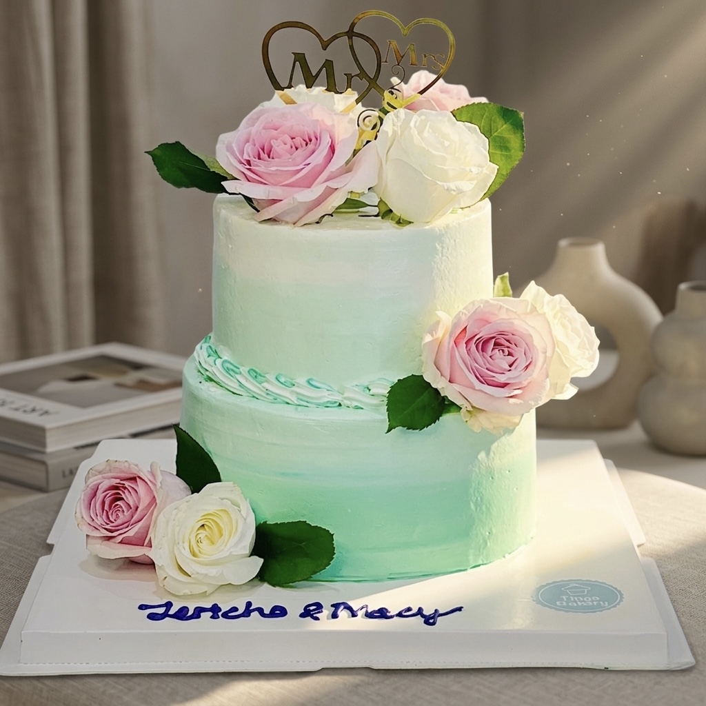 Green Ombre Wedding Cake With Flowers