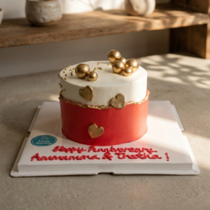 Red & White With Gold Love Anniversary Theme Cake