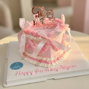 Pink Love Shape Vintage Cake With Ribbons
